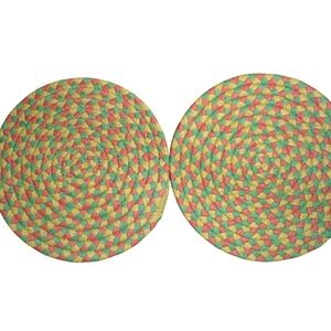 Old Weymouth Braided Seat Pads 14 Inch Round Wool Blend Green Yellow Coral Set 2